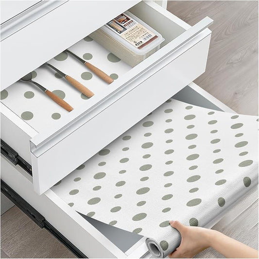 Drawer and Shelf Liner, Non-Slip Kitchen Cabinet Liners Non-Adhesive Thick Strong Grip Waterproof Washable Mats Protect Dresser Shelves Cupboard Bathroom Cabinets, Polka Dot, 12 in X 10 FT