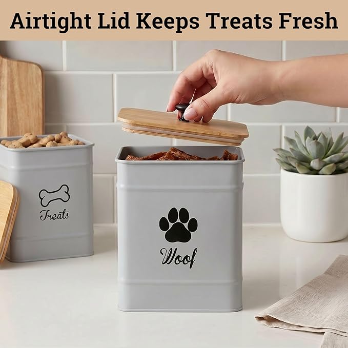 Dog Treat Container Airtight Set of 2 - 8x6 & 7x5 inch Iron Dog Treat Jars for Kitchen Counter with Airtight Bamboo Lids - 20 Cup Capacity Pet Treat Container Set - Doggie Cookie Jar - Treats Canister