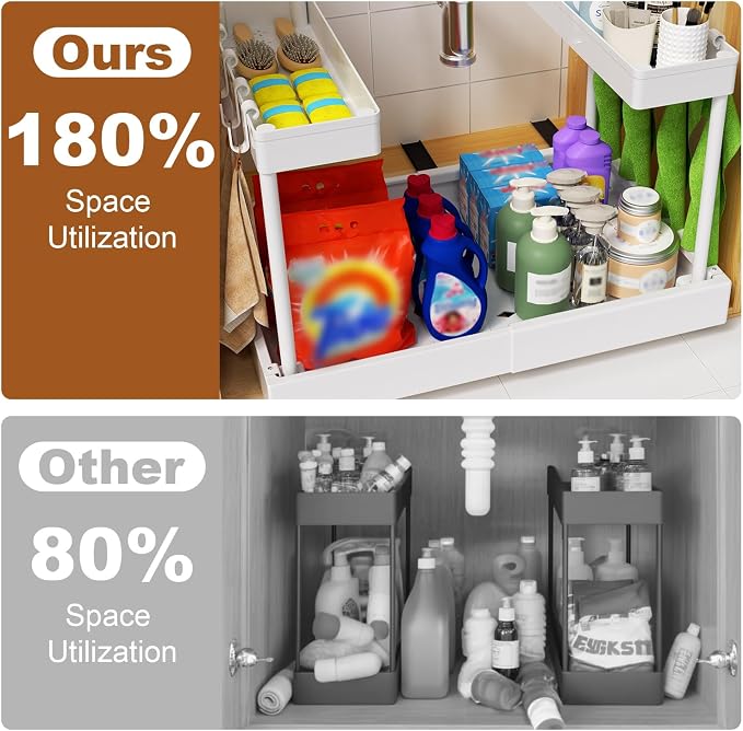 Expandable Pull Out Cabinet Organizer - Adjustable Width 12-18" & Depth 13-23", 3-Rail Heavy Duty Slide Out Drawer, No-Drills Adhesive Mount, Fits Lip & Lip-Free Cabinets (White)