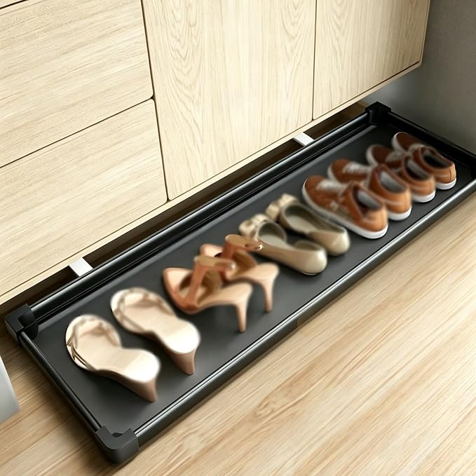 No-Drill Pull Out Drawer Shoe Rack Organizer,Damped Slide Rails Adjustable Width16-34 Inch, Push to Open Toe-Kick Shoe Rack for Cabinet Bottom(Black,18.1 * 22in)