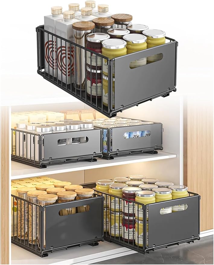 Pull Out Drawers for Cabinets Under Kitchen Sink Storage Organizer No Drill Adjustable Baskets for Cupboard Bathroom(2pcs-Black-19 cm)
