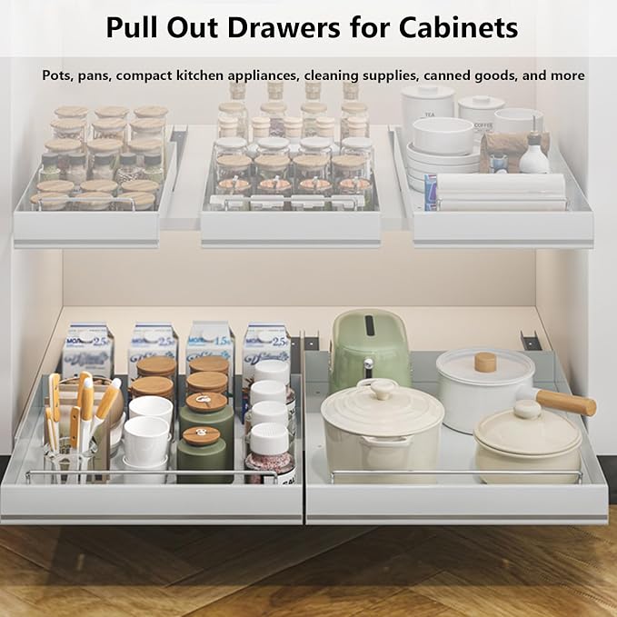 Stainless Steel Pull Out Cabinet Organizer, Pull Out Drawers for Cabinets, Slide Out Drawers for Kitchen Cabinets, Bathroom Cabinet Organizer, Pantry, No Drill,13.8" w*19.7" dx2.36 h