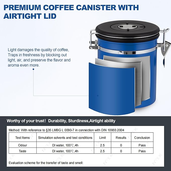 ShanSon Coffee Canister Airtight, Stainless Steel Bean Storage Container with Date Tracker & Scoop, Grounds Sugar Flour Tea Cereal Fits Kitchen Pantry, Ideal Gift for Coffee Lovers,12oz,Blue