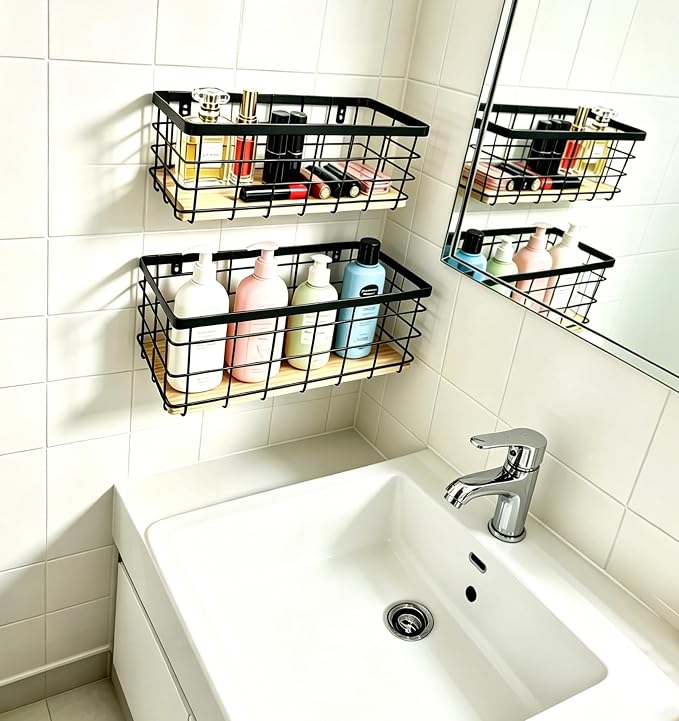 ShabbyDecor Metal Wire Basket Detachable Wood Base Storage Organizer Farmhouse Hanging Basket for Kitchen Cabinets, Bathroom, Pantry, Laundry Room Set of 2,Black Color