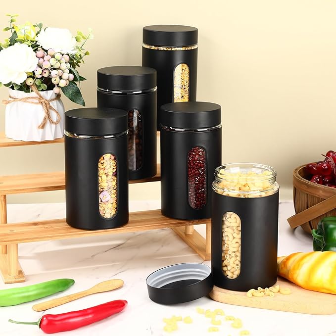 Mimorou 3 Pcs Stainless Steel Canister Set with Glass Windows Visible Storage Jars Silver Kitchen Canister Set for Pasta Flour Oat Sugar Container, Kitchen Tools, Housewarming Gifts(Black,32 oz)