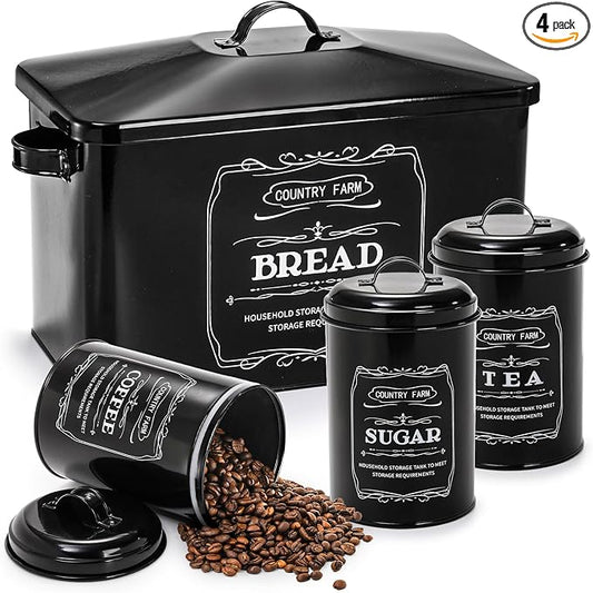 yarlung Metal Bread Box with 3 Kitchen Canisters Set, Large Black Farmhouse Bread Tin for Kitchen Countertop, Coffee Tea Sugar Canister with Airtight Lid for Pantry Organizer Home Storage