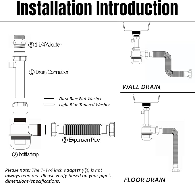 1-1/4" and 1-1/2" PVC Bottle Trap Plumbing Kit with Threaded Adapter, Sink Drain kit for Bathroom and Kitchen, P-Trap Replacement, Flexible Extension Tube Drain Tailpiece