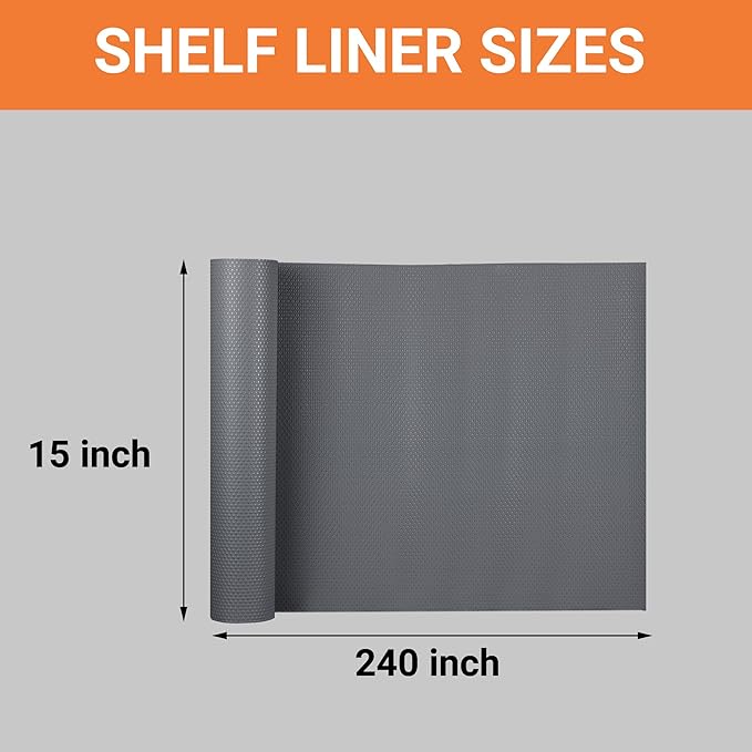 FLPMIX 15-Inch Kitchen Shelf Liners: Waterproof Cabinet Drawer Mats 15 x 240 Inch - Dark Grey Easy to Cut Non-Adhesive Pantry Cupboard Liner for Shelving