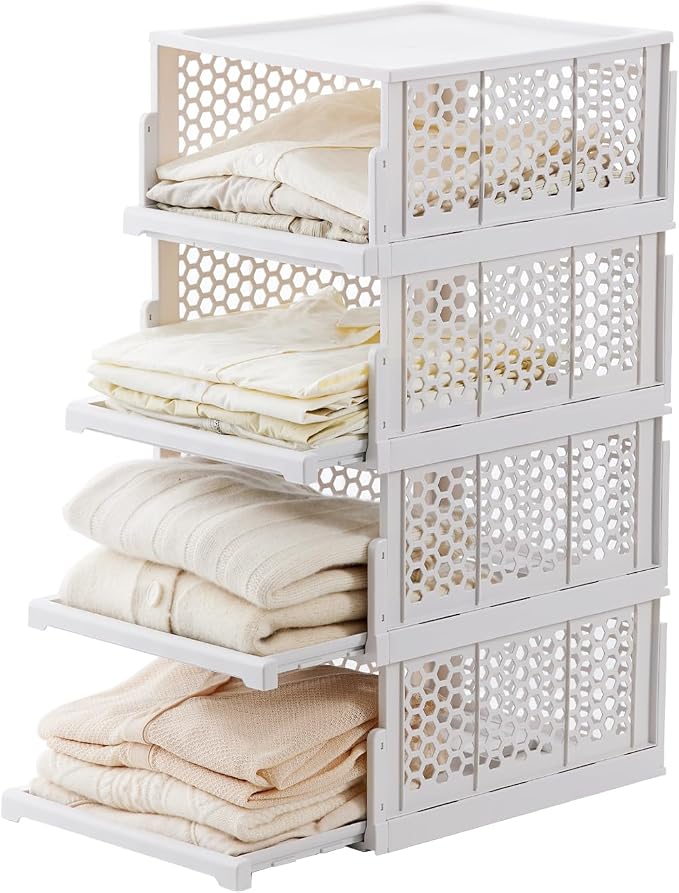 Pull-out Plastic Storage Basket with a Lid,Stackable Closet Organizers Drawer Anti-Tipping,Stable Shelf Container for Bathroom Laundry Room Storage, Space-Saving Clothes Storage (White Gray, L-4 pack)