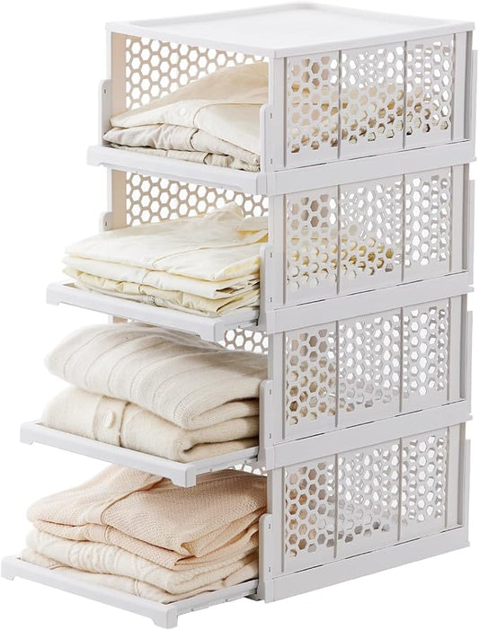 Pull-out Plastic Storage Basket with a Lid,Stackable Closet Organizers Drawer Anti-Tipping,Stable Shelf Container for Bathroom Laundry Room Storage, Space-Saving Clothes Storage (White Gray, L-4 pack)