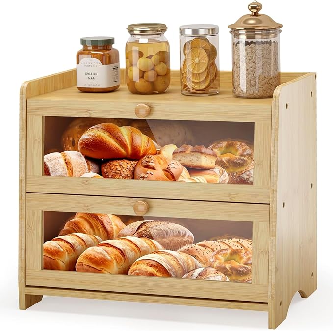 JANSNIMEN Large Bread Box for Kitchen Countertop, Double Layer Breadbox Bread Container Storage with Acrylic Door, Wooden Farmhouse Bread Holder (Bamboo, Large-16.54" L x 9.84" W x 14.96" H)