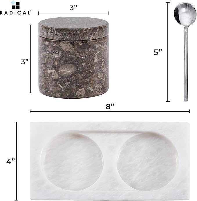 Radicaln Marble Salt Cellar with Lid and Tray 3" Inch Oceanic & Black Handmade Set of 2 Seasoning Jars, Ideal Table Salt Container & Sugar Bowl For Kitchen Countertop