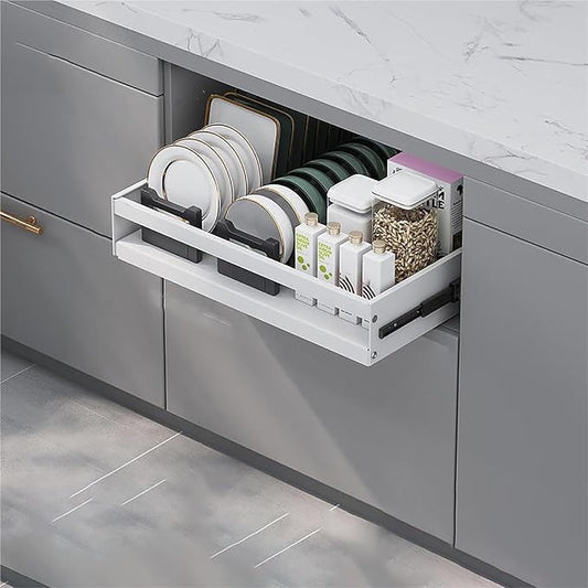 Pull out Cabinet Organizer,Under Sink Organizer, Roll out Storage Shelf Storage for Pantry,Extendable Drawer For Kitchen Storage,No Need Drill and Nailing,for Kitchen, Living Room, Home.(White,ONE-32*
