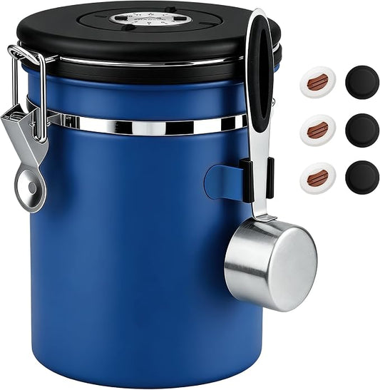 ShanSon Coffee Canister Airtight, Stainless Steel Bean Storage Container with Date Tracker & Scoop, Grounds Sugar Flour Tea Cereal Fits Kitchen Pantry, Ideal Gift for Coffee Lovers,22oz,Blue