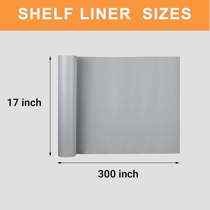 FLPMIX Shelf Liners for Kitchen Cabinets: Non-Adhesive Drawer Liner 17" W x 300" L - Light Gray Waterproof Easy to Cut Cupboard Mat for Bathroom Pantry Shelves