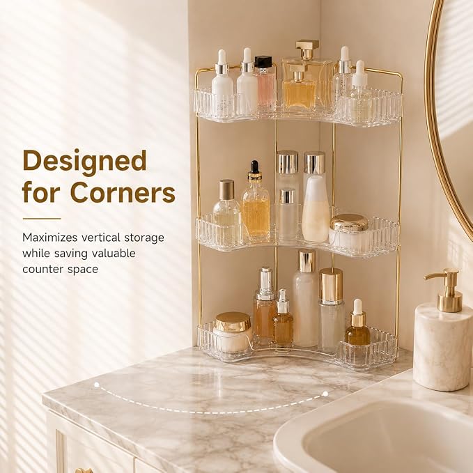 Ceruaxb 3-Tier Corner Bathroom Counter Organizer, Plastic Countertop Makeup Organizer, Large Capacity Vanity Bathroom Perfume Shelf Rack for Kitchen Office Desktop (Clear)