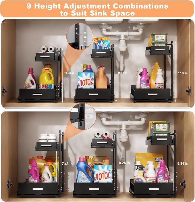 Under Sink Organizer, 2 Tier Slide Out Cabinet Organizer with Pulley, Height Adjustable Pull Out Shelf for Kitchen, Bathroom, Laundry and Utility Storage, Black, 1 Pack