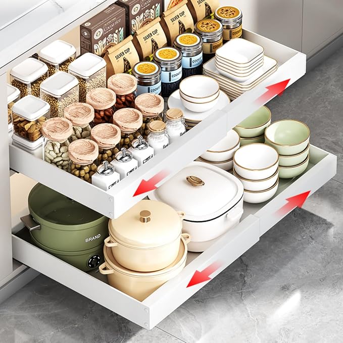 2PCS Expandable Pull Out Cabinet Organizer pots and pans organizer under cabinet Upgrade 3 Slide Rails Slide Out Drawers Roll Out Shelves Adhesive (white, (2pcs) 20.5“D*12.6"~19.7" W*2.76H)