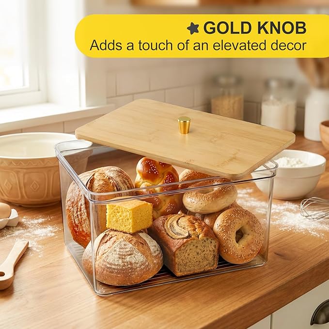 Hudgan Breadbox for Kitchen Countertop, Bread Storage Container with Bamboo Lid for Homemade Bread,Toast, Bagel, Donut, Cookies and Baguette, Large Corner Breadbox Keeper for Muffin