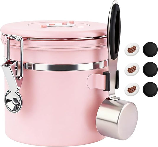 ShanSon Coffee Canister Airtight, Stainless Steel Bean Storage Container with Date Tracker & Scoop, Grounds Sugar Flour Tea Cereal Fits Kitchen Pantry, Ideal Gift for Coffee Lovers,12oz, Pink
