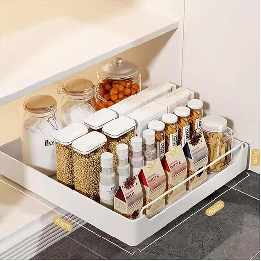 Pull Out Cabinet No Drill No Screw Sliding Storage Solution for Kitchen & Bathroom Cabinets White 43x40x7cm Space Saving Drawer，White 43 * 40 * 7cm