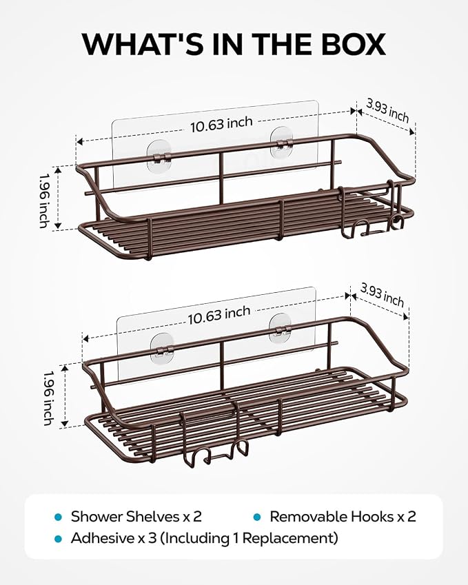 Nieifi Shower Caddy Shelf Storage Rack Adhesive Without Drilling Stainless Steel with Hooks for Washroom, Lavatory, Restroom, Toilet, Bathroom, Kitchen - 2 Pack Bronze