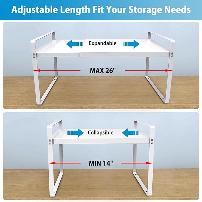 Yuleimy 9" Deep Expandable Cabinet Shelf Organizer, 14" to 26" Adjustable Metal Countertop Riser for Under Sink and Kitchen Cupboard Storage, Heavy Duty 55 Lbs Anti-Sag Central Rod, White, 1-Pack