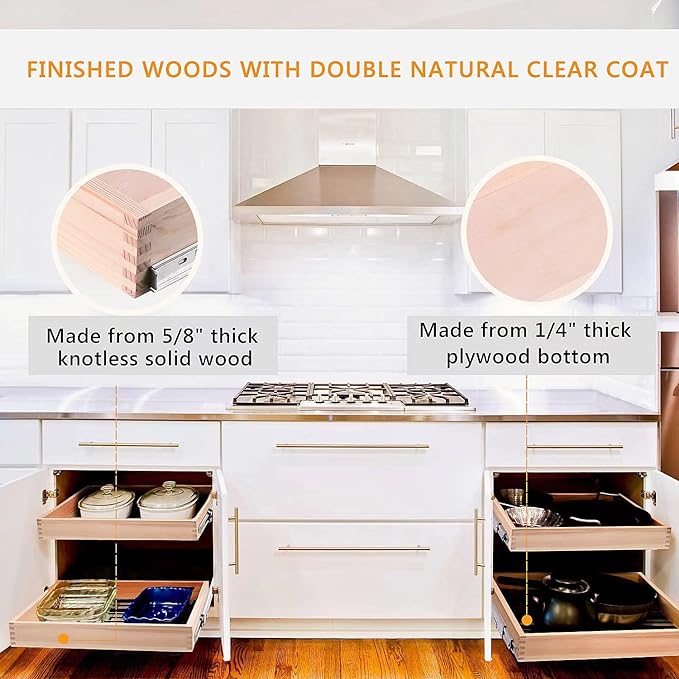Mulush 29”W x 21”D x 3”H Soft Close Slide Out Wood Drawer Organizer for Kitchen, (Cabinet Opening>29.5 inches for Bottom Assembly, Width= 29 inches for Side Assembly)