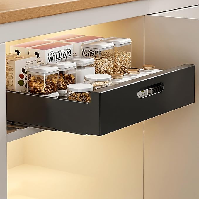 Slide Out Drawer Storage Shelves For Cupboard Cabinet,Extendable Sliding Drawer,No Need Drill and Nailing,for Pantry and Bathroom Vanity,with Adhesive Nano Film. (Color : Black, Size : 35 * 43 * 7cm)