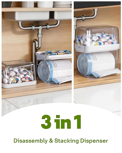Kaen Trash Bag and Laundry Pods Dispenser - 3 in 1 Garbage Bag Holder for 13/30/33 Gallon Bags, Clear Storage Bins Dishwasher Pods Container for Under Sink Organizer Laundry Room Organization