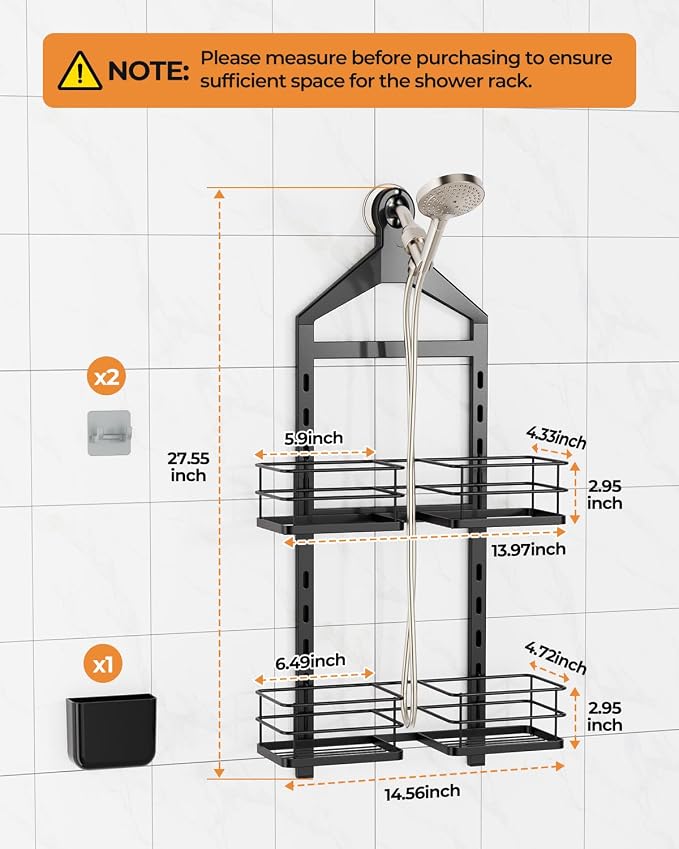ODesign 2 Tier Height-Adjustable Partition Shower Caddy Hanging Anti-Swing-Over The Shower Head Caddy Storage Organizer Bathroom Shelves Basket-Black