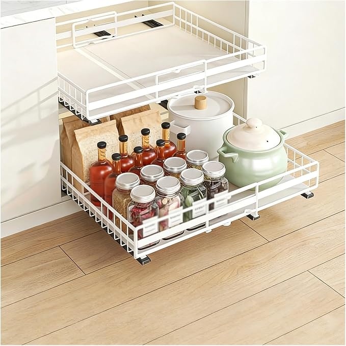 2-Pack Pull Out Cabinet Organizer, Adjustable Expandable 3-Slide Rails Drawers, No Drill Adhesive Cupboard Storage Shelf for Kitchen, Pantry, Living Room, Bathr(Color:White 2 Pack (1 Large + 1 Small))