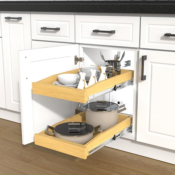 2 Tier Pull Out Cabinet Organizer, 11"W x 21"D Solid Wood Heavy-Duty Base Bottom Assembly Slide out Drawer Shel Cabinet Organization for Kitchen, Pantry, Bathroom