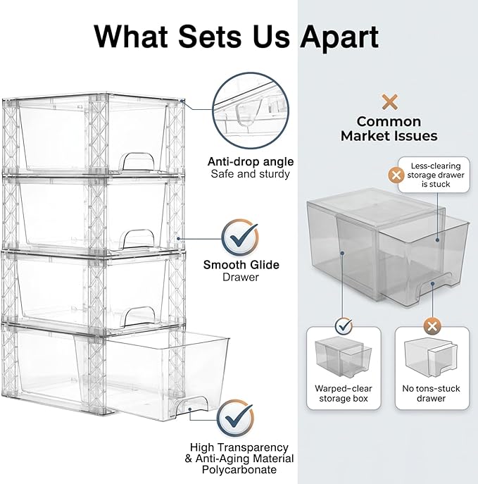 Plastic Stackable Drawers 8 Pack, 7in Bathroom Organizers and Storage Boxes Simply Assembled Containers Bins Suitable for Cosmetics, Kitchen, Cabinets, Snack