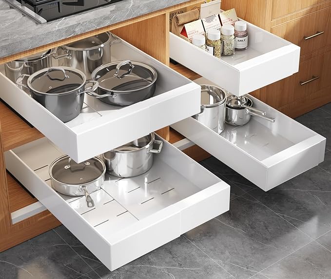 Seinloes 2 Pack 21" Deep Pull Out Cabinet Organizer Expandable（Width 15.1"-26.3"）+4 Pack Slide Out Drawers With Raising Pad for Framed Cabinets,Adjustable Width 9"-14" White