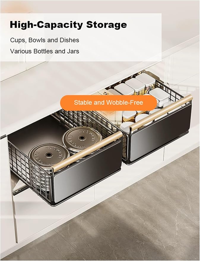 Heavy Duty Kitchen Slide Out Shelves - No Drill Pull Out Drawers for Cabinets Adjustable Height(Black,19.5 cm)