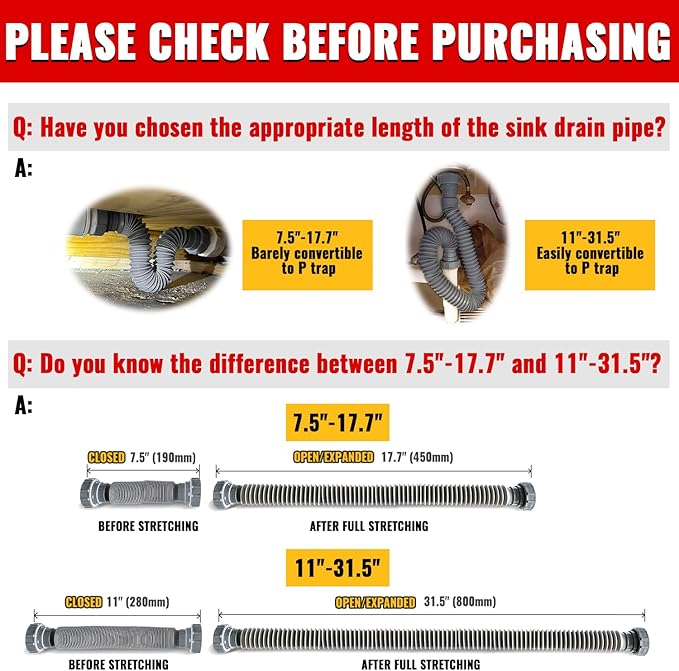 VIVIDA Sink Drain Pipe P Trap 1-1/2", Expandable Flexible Drain Pipe, 11"-31.5" Sink P Trap Kit for Kitchen, Bathroom, Restroom, 1-1/4" Adapter Included, Gray, 1 PACK