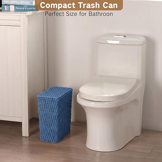 iEGrow Paper Rope Trash Can,Bathroom Trash Can with Lid, 3 Gallon Wicker Waste Basket with Removable Liner, for Bedroom, Living Room, Toilet, Under Sink Blue