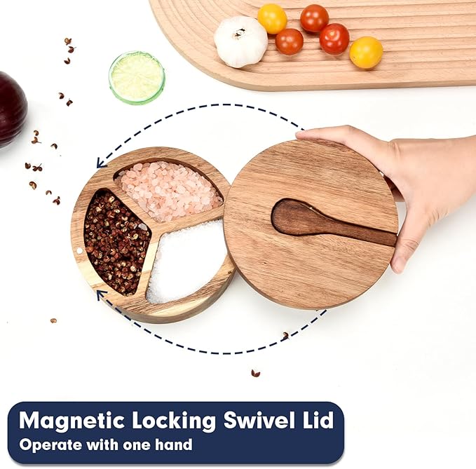 Wood Salt and Pepper Box, 3 Compartment Salt and Pepper Cellar With Lid and Spoon,Spice Condiment Container for Kitchen Countertop