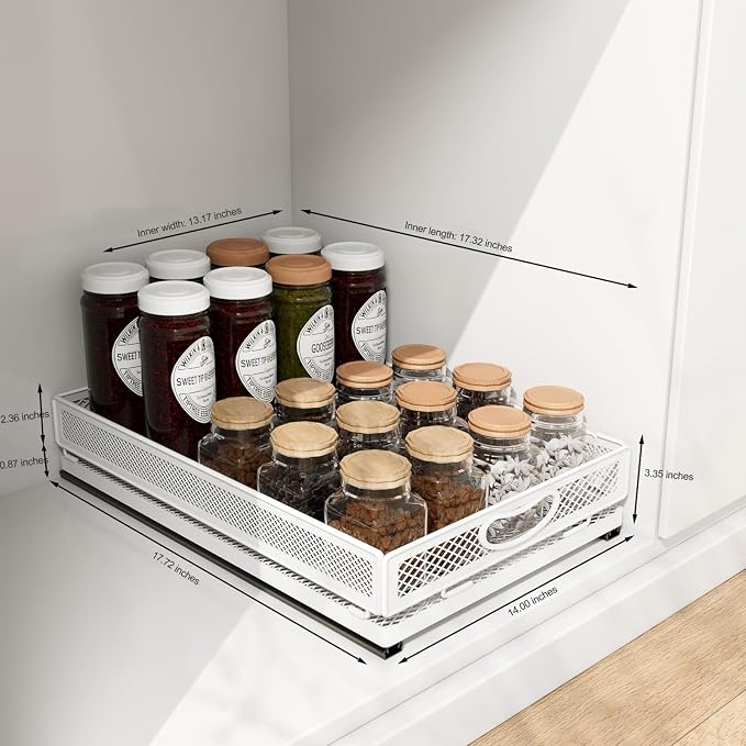 Pull out Cabinet Rack Organizers, No-Drill Slide Organizer Under Sink Organizer, Strong & Sturdy Expandable Cabinet Drawers, For Kitchen, Bathroom, Pantry(I,17.7*13.8*3.3inch/45*35*8.5cm)