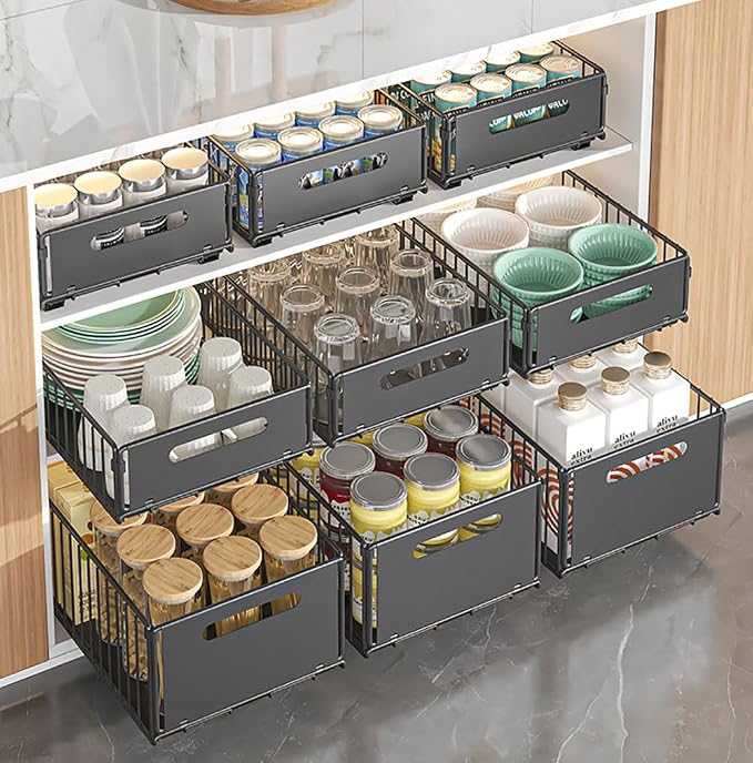 YunNasi Pull Out Cabinet Organizer Slide Out Drawer Storage Shelves Cupboard Organiser Sliding Cabinet Basket for Kitchen No Drilling and Nailing (Black, 2Piece 9.8" W X15 D X 7.5" H)