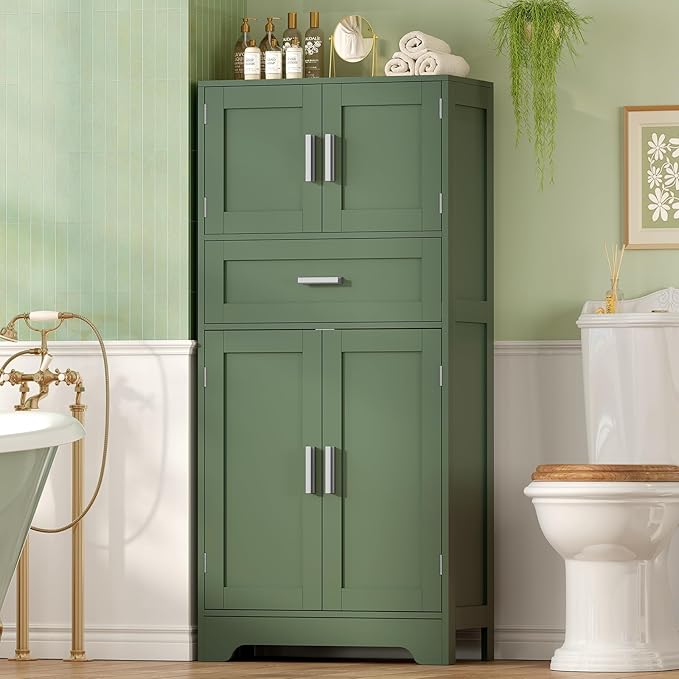 TEENFON Bathroom Floor Storage Cabinet with Adjustable Shelf, Freestanding Storage Cabinet with 4 Doors, Cupboard for Living Room, Home Office, Entryway, Forest Green