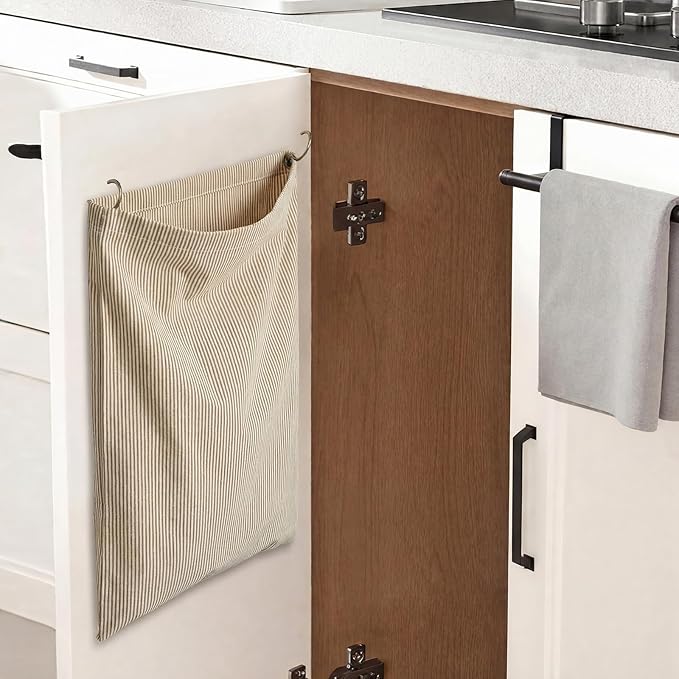 Reusable Dirty Rag Storage Bag Linen Dish Towel Cloth Bag Dish Rag Holder Natural Cotton Vintage for Under Sink Cabinet Door Organizer Laundry Bathroom Storage(Ecru,Horizontal Stripes)