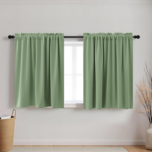 KOUFALL Sage Green Curtains 20 Inch Length for Bathroom Window 2 Pack Rod Pocket Room Darkening Cafe Curtain Tiers Blackout Light Green Short Curtains for Small Windows 24 by 20 in Long