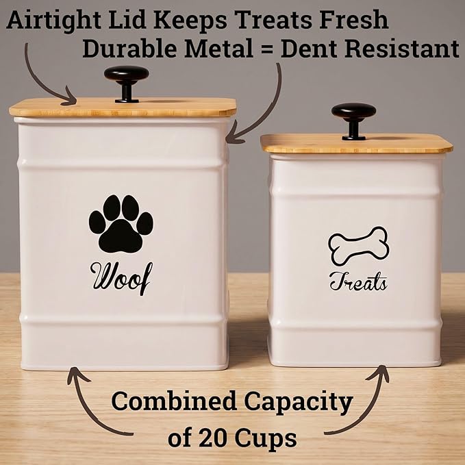 Dog Treat Container Airtight Set of 2 - 8x6 & 7x5 inch Iron Dog Treat Jars for Kitchen Counter with Airtight Bamboo Lids - 20 Cup Capacity Pet Treat Container Set - Doggie Cookie Jar - Treats Canister