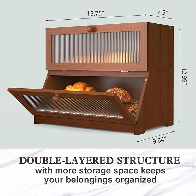 LOHASOK Bamboo Bread Box for Kitchen Countertop, Double Layer Large Bread Storage Container for Homemade Bread with Window & Lid, Bread Keeper Holder,Brown