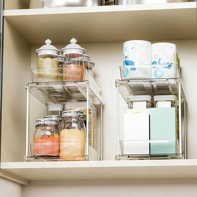 Pull Out Cabinet Organizer Drawers, 2 Tier Vertical Sliding Kitchen Rack with Clear Storage Bins for Seasonings, Easy Install No Drill Adhesive Under Counter Bathro