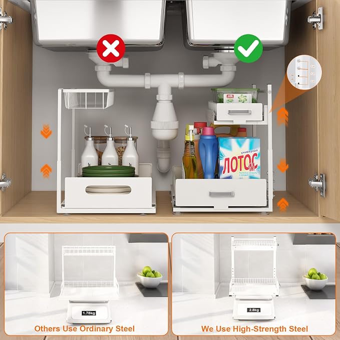 Under Sink Organizer, 2 Tier Slide Out Cabinet Organizer with Pulley, Height Adjustable Pull Out Shelf for Kitchen, Bathroom, Laundry and Utility Storage, White, 1 Pack