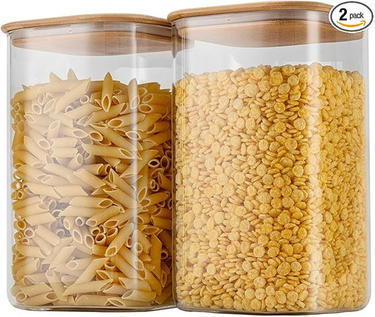 D2scrma 149oz Airtight Glass Square Storage Canister with Bamboo Lid Set of 2(4400ml*2) Large Gallon Glass Jars for Sugar, Flour, Cookies and Coffee beans (‎with Black Lable)