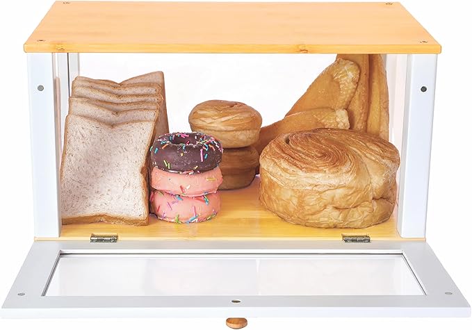 ETMI Bamboo Bread Box for Kitchen Countertop - Large White Bread Box Pastry Display case kitchen Storage